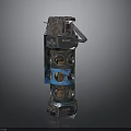 Rusty Metal Weapon Component With Cylindrical Structure Circular Holes And Blue Accents