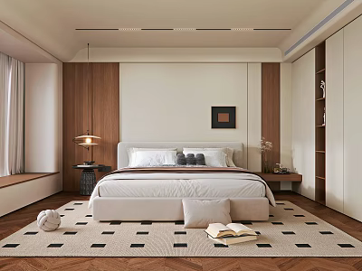 Modern Bedroom Interior Design With Wooden Walls White Bed Geometric Carpet And Bedside Lamp 3d model