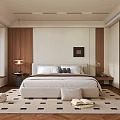 Modern Bedroom Interior Design With Wooden Walls White Bed Geometric Carpet And Bedside Lamp