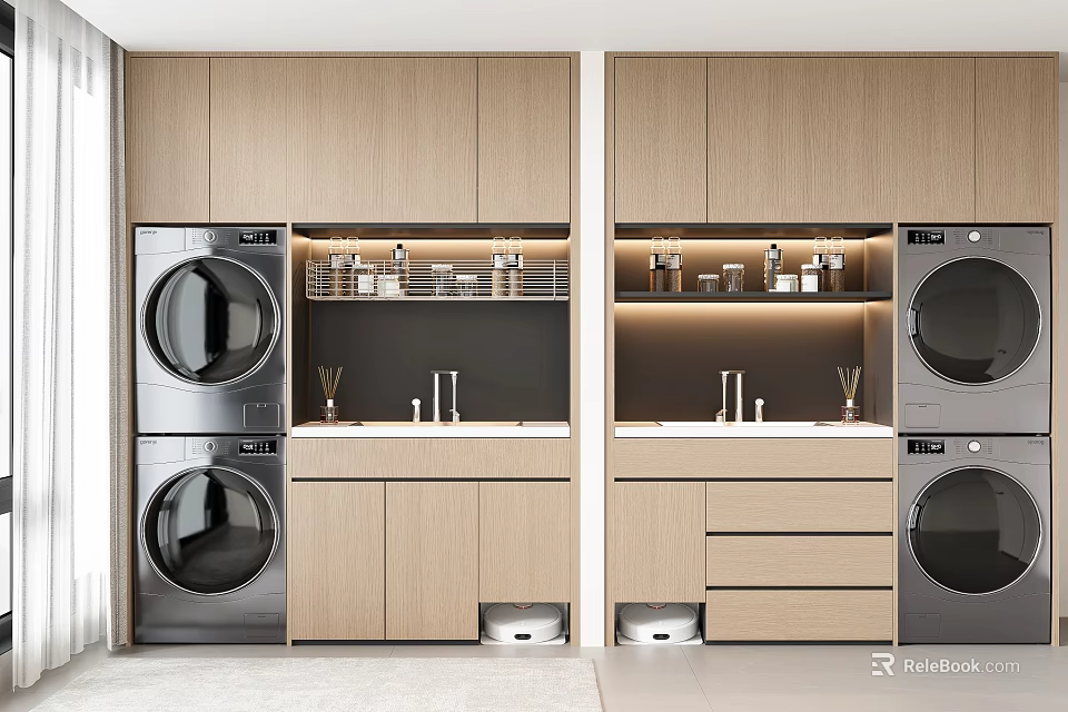 Modern Laundry Room Design With Wooden Cabinets Shelves Washing Machines And Dryers 3d model 