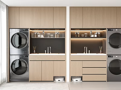 Modern Laundry Room Design With Wooden Cabinets Shelves Washing Machines And Dryers 3d model