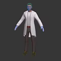 Man Wearing White Lab Coat Blue Gloves Gray Pants And Gray Shoes On Dark Background
