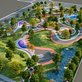 Park Landscape Surrounded By Roads With Lush Green Trees Winding Paths And Colorful Areas