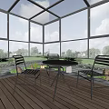 Villa Balcony with Glass Roof Wooden Flooring Round Table Black Chairs and Green Plants