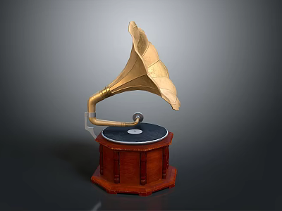 Vintage Gramophone Design With Brass Horn Wooden Base Round Turntable And Black Disc 3d model