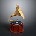 Vintage Gramophone Design With Brass Horn Wooden Base Round Turntable And Black Disc