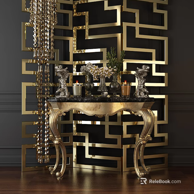 Luxury Console Table with Gold Frame Marble Top and Geometric Pattern Screen Decorations 3d model 