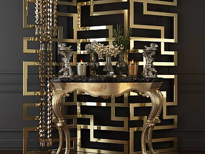 Luxury Console Table with Gold Frame Marble Top and Geometric Pattern Screen Decorations 3d model