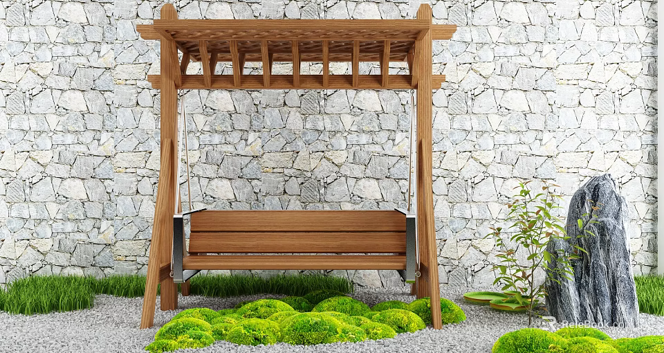 Wooden Swing Chair With Pergola Frame By Stone Wall And Green Moss In Outdoor Garden 3d model 