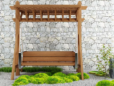 Wooden Swing Chair With Pergola Frame By Stone Wall And Green Moss In Outdoor Garden 3d model