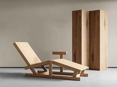 Wooden Lounge Chair In Modern Minimalist Interior With Tall Wood Pillars 3d model