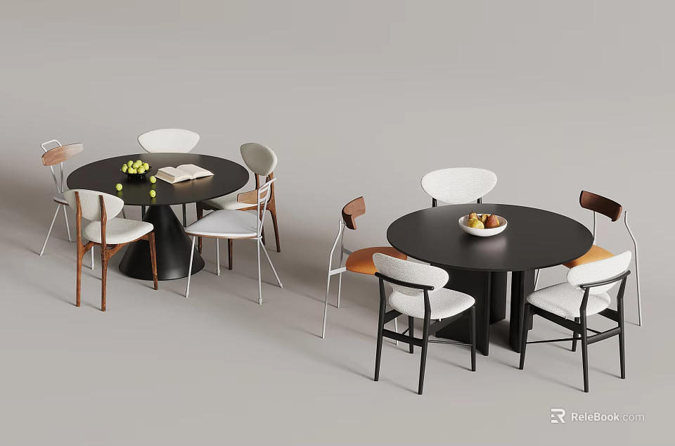 Two Round Dining Tables With Different Colored Chairs And Fruit Bowls On Top 3d model