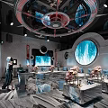 Sleek Futuristic KTV Interior With Blue Circular Screens Plush Sofas And Ambient Lighting