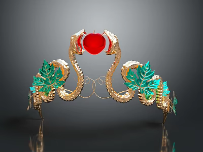 Luxury Gold Crown Jewelry with Golden Snakes Green Leaves and Red Heart Gemstone 3d model