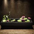 Ornamental Water Fountain With Rectangular Stone Basin Pink White Lotus Flowers And Green Lily Pads