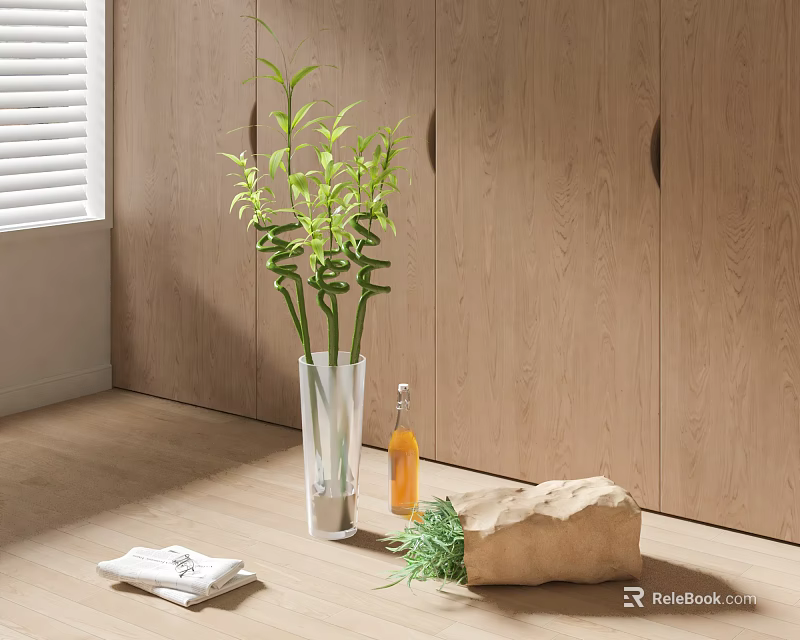 Transparent Vase with Green Bamboo and Brown Paper Bag near Wooden Cabinets and Window Blinds 3d model 