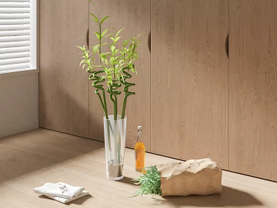 Transparent Vase with Green Bamboo and Brown Paper Bag near Wooden Cabinets and Window Blinds 3d model