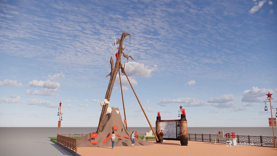 Outdoor Children Playground With Wooden Climbing Frame And Play Structures Under Blue Sky 3d model 