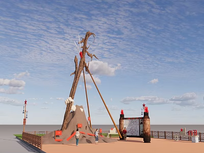 Outdoor Children Playground With Wooden Climbing Frame And Play Structures Under Blue Sky 3d model
