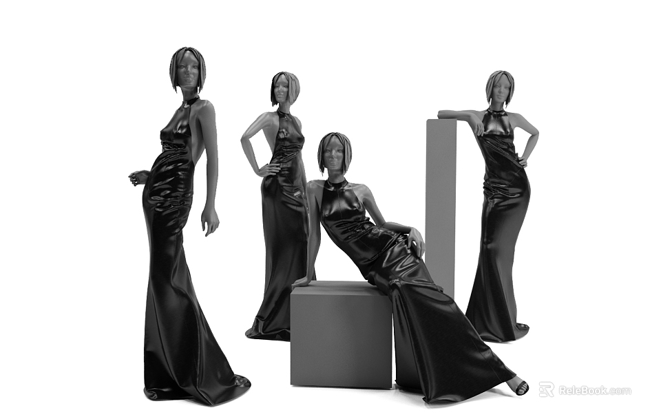 Four Female Models in Black Long Dresses Standing and Leaning on Cubes and Pillars 3d model 