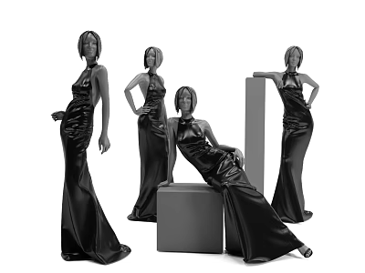 Four Female Models in Black Long Dresses Standing and Leaning on Cubes and Pillars 3d model