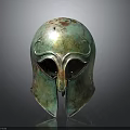 Ancient Greek Bronze Helmet Sculptural Carving With Ornate Patina Surface And Symmetrical Patterns