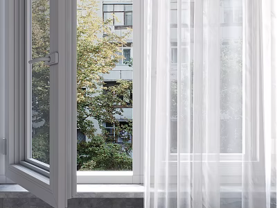 White Modern Curtains For Window With Trees And Buildings View 3d model