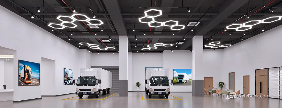 White Trucks Showcased In Indoor Exhibition Hall With Hexagonal Ceiling Lights And Large Screens 3d model 