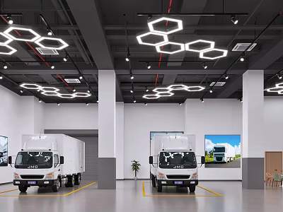 White Trucks Showcased In Indoor Exhibition Hall With Hexagonal Ceiling Lights And Large Screens 3d model