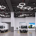 White Trucks Showcased In Indoor Exhibition Hall With Hexagonal Ceiling Lights And Large Screens