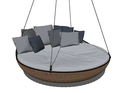 Round Rattan Hanging Swing Chair With Gray And Navy Comfortable Pillows 3d model
