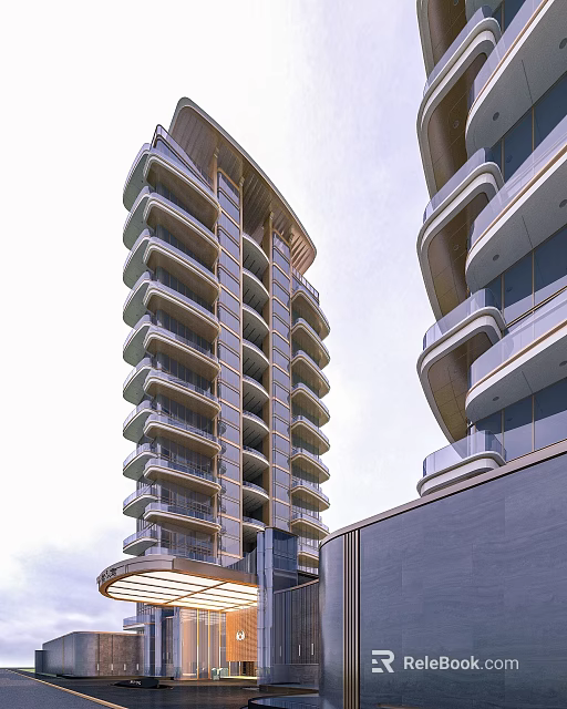 Modern High-rise Residential Building Exterior With Curved Design Balconies And Glass Facade 3d model 