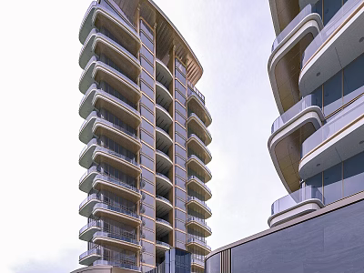 Modern High-rise Residential Building Exterior With Curved Design Balconies And Glass Facade 3d model