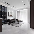 Modern Minimalist Living And Dining Room With Marble Surfaces Leather Sofa And Custom Wine Cabinet