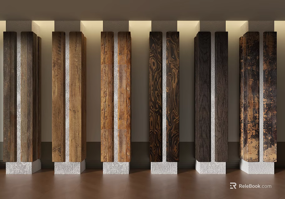 Column Capitals With Various Wood Grains And White Bases Arranged In Row 3d model 