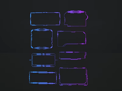 Sculpture Carving Art With Various Shapes Blue Purple Outlines On Black Background 3d model