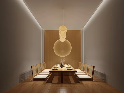 Minimalist Private Dining Room With Long Wooden Table Hanging Pendant Lights And Wooden Chairs 3d model