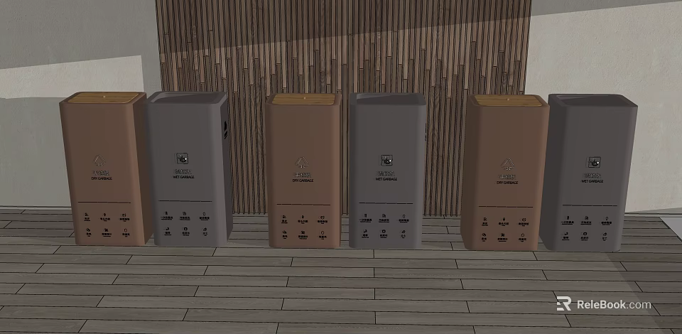 Public Trash Bins In Gray And Brown Colors Neatly Arranged With Wooden Wall Background 3d model 