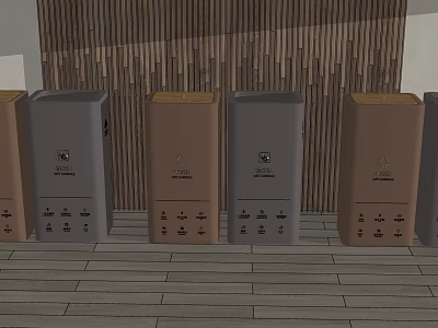 Public Trash Bins In Gray And Brown Colors Neatly Arranged With Wooden Wall Background 3d model