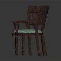 Pair of Wooden Frame Leisure Chairs with Green Striped Cushions and Armrests