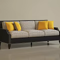 Modern Three Seater Sofa With Dark Frame Light Gray Cushions And Yellow Pillows 3d model