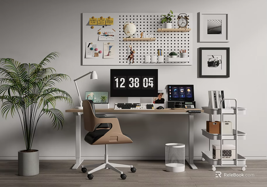 Modern Home Office Desk Setup With Lamp Computer Pegboard Clock Green Plant And Office Chair 3d model 