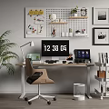 Modern Home Office Desk Setup With Lamp Computer Pegboard Clock Green Plant And Office Chair
