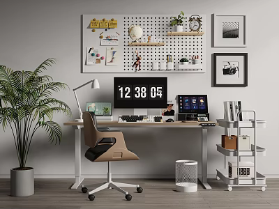 Modern Home Office Desk Setup With Lamp Computer Pegboard Clock Green Plant And Office Chair 3d model