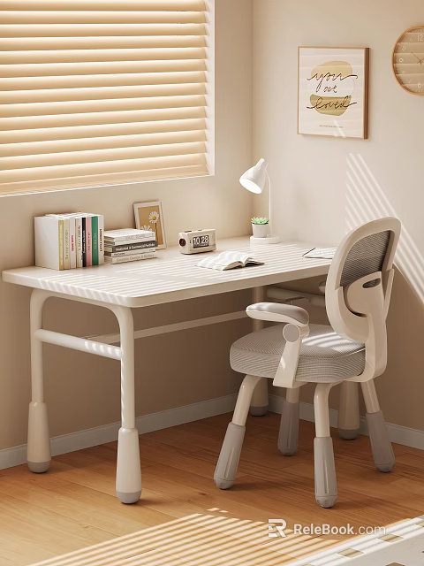 White Desk and Chair Set with Books Photo Frame Lamp Small Plant in Cozy Room 3d model 
