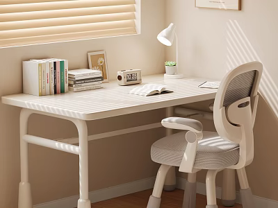 White Desk and Chair Set with Books Photo Frame Lamp Small Plant in Cozy Room 3d model