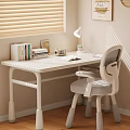 White Desk and Chair Set with Books Photo Frame Lamp Small Plant in Cozy Room