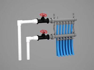 Kitchenware Pipe Components Featuring White Black Pipes Red Knobs And Blue Strips 3d model