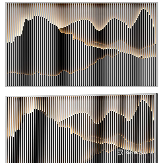 Modern Layered Background Wall With 3D Vertical Stripes And Gold Wave Patterns 3d model 