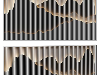 Modern Layered Background Wall With 3D Vertical Stripes And Gold Wave Patterns 3d model